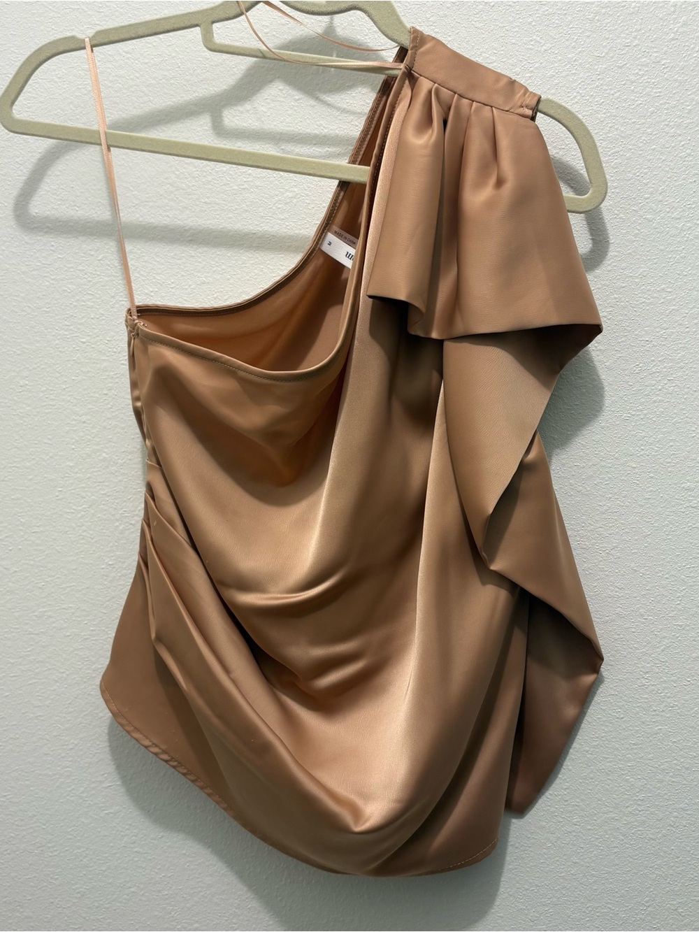 glam One-Shoulder Satin Dress in Camel